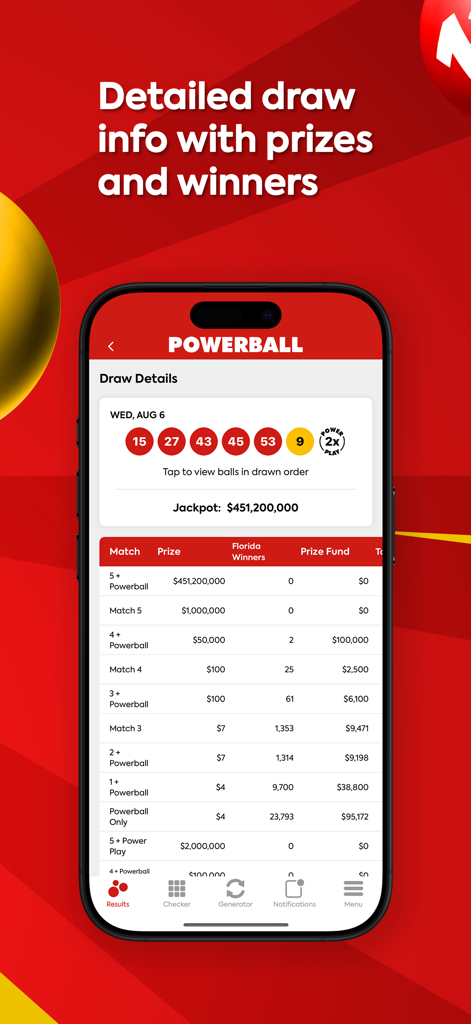 Powerball Lottery - 파워볼 앱 인터페이스가 특정 추첨의 당첨 번호와 상세한 상금 내역 표를 보여줍니다.