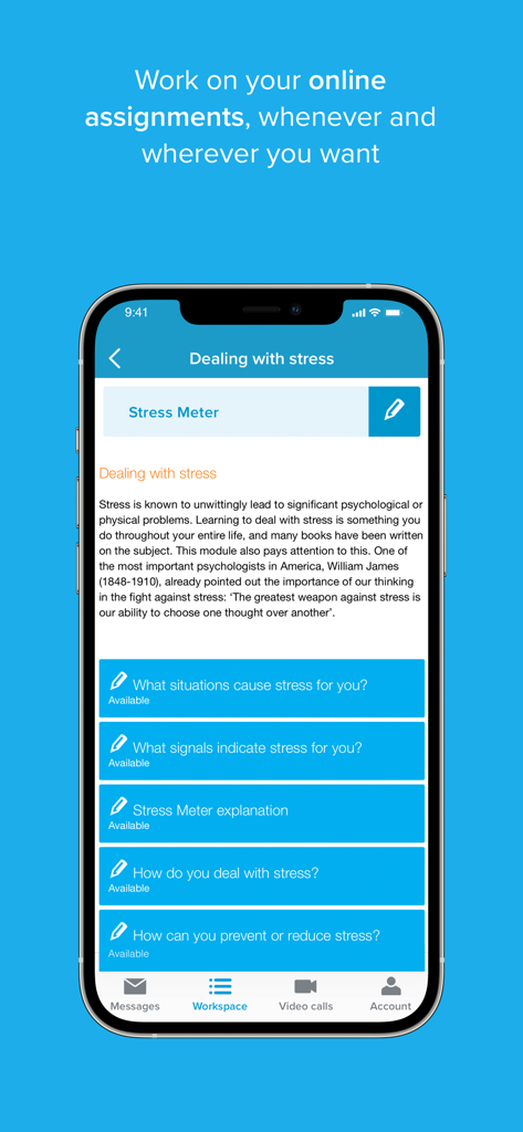 Smartphone screen showing the Karify app displaying a stress management module with interactive patient assignments.