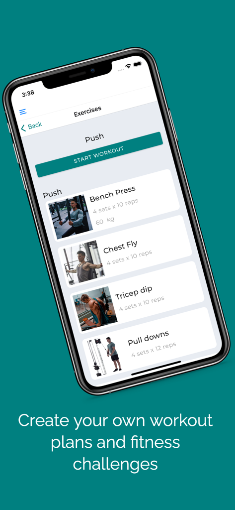 Move: Workout and fitness - Smartphone-Bildschirm, der die Move-Fitness-App mit einer Push-Workout-Routine anzeigt, einschließlich Bankdrücken und Brustfliegen.