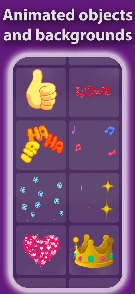 Pro Stickers Maker 3D - Una biblioteca de stickers animados y objetos de fondo que incluyen emojis, corazones y notas musicales.
