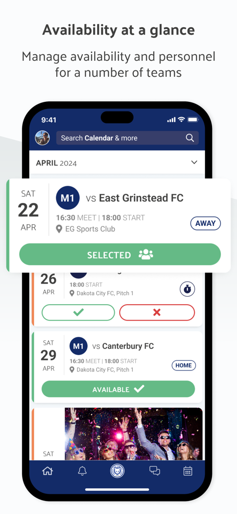 Interface de l'application Teamo affichant la disponibilité de l'équipe et le calendrier des matchs en un coup d'œil