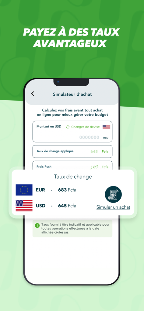 Push CI - Simulateur de taux de change de l'application Push CI montrant les taux de conversion USD et EUR en FCFA pour les achats internationaux