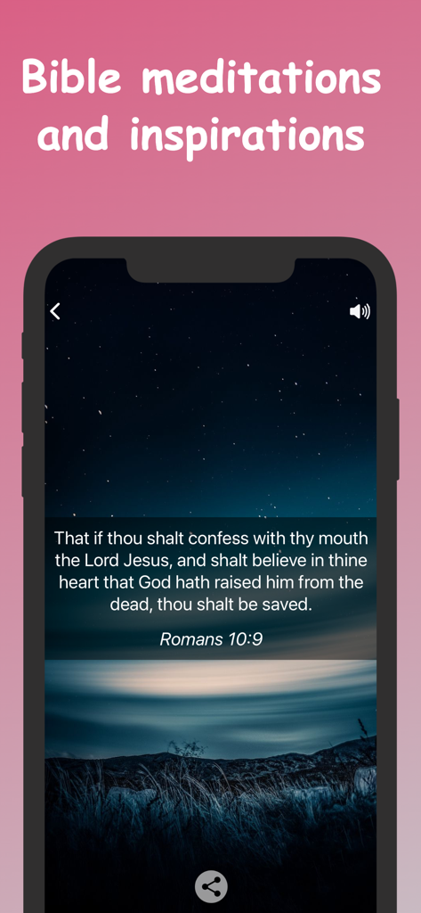 Aplicación Biblia para Mujeres mostrando un versículo bíblico de Romanos sobre un fondo de noche estrellada