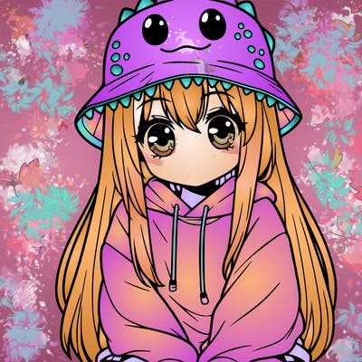 girl with anime shaped eyes with a dinosaur bucket hat oversized sweatshirt long straight hair