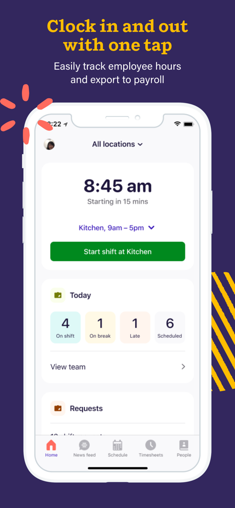 Deputy: Shift Schedule Maker - Interfaz de la aplicación móvil Deputy mostrando un botón de inicio de turno de un toque para un puesto de cocina con resumen diario de asistencia de los empleados