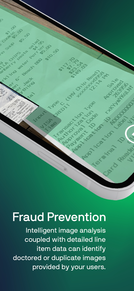 Veryfi Lens mobile app screen showing fraud prevention technology analyzing a scanned receipt