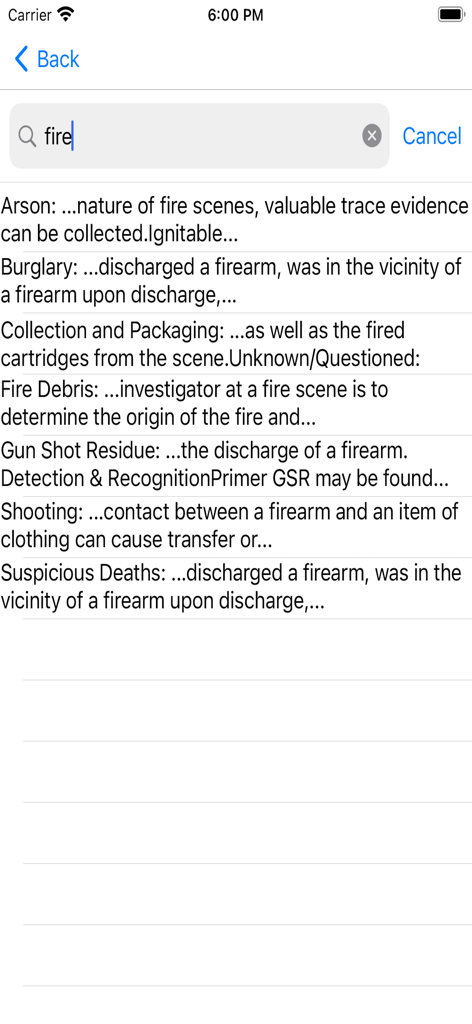 Suchergebnisse für Feuer in der Trace Evidence Collection App, die forensische Kategorien wie Brandstiftung und Schusswaffenrückstände anzeigen.
