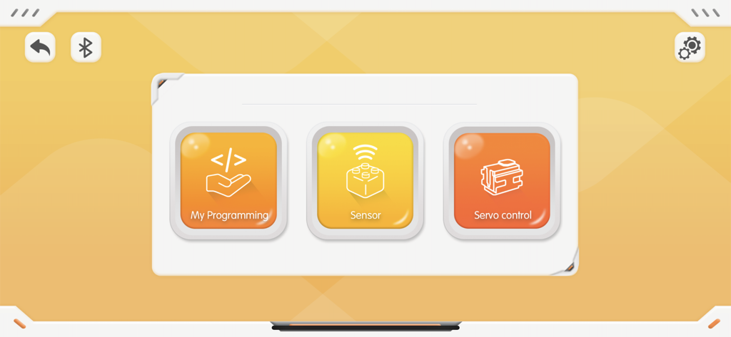 QY STEM - Interface do aplicativo QY STEM mostrando opções de menu para Meu Programa, Sensor e controle de Servo.