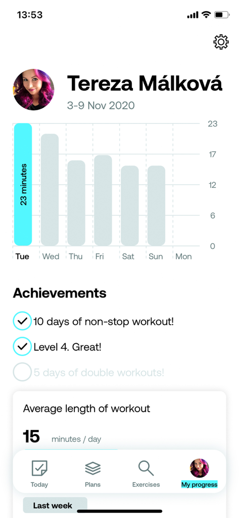 Spiralista - Back & Spine Care - Spiralista app progress screen showing weekly workout chart and achievements