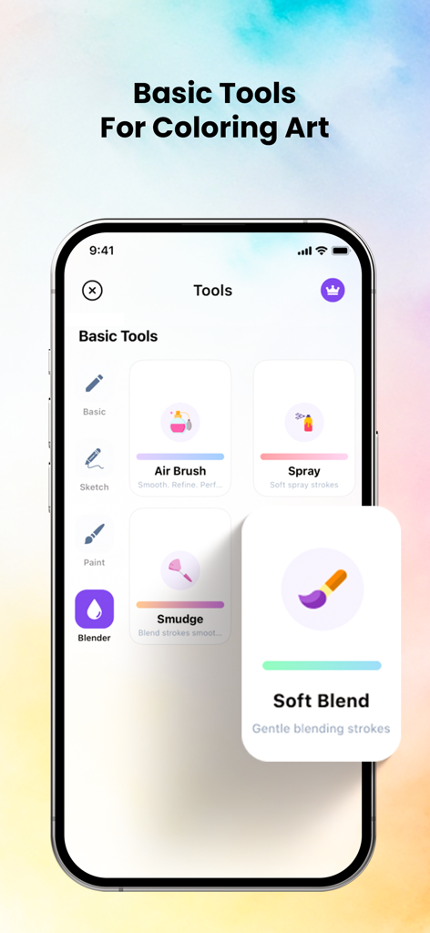Coloring Pop - AI Art Maker - Interfaccia dell'app Coloring Pop che mostra strumenti di arte digitale come aerografo e sfumatura morbida