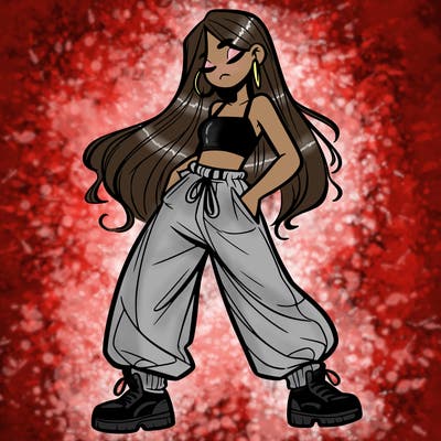 girl in baggy pants crop top and long hair