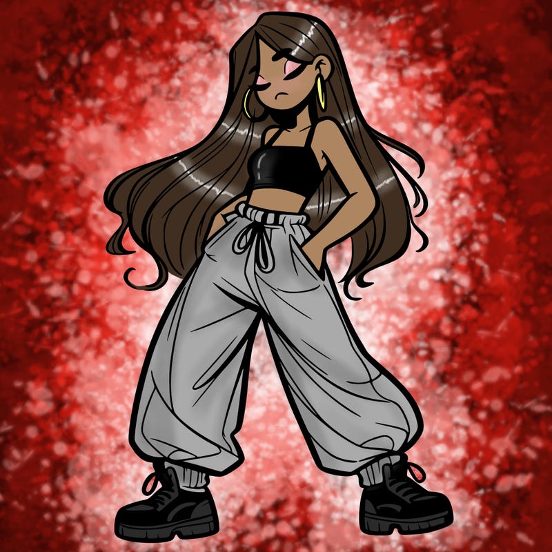 girl in baggy pants crop top and long hair