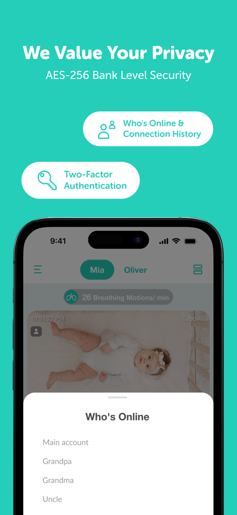 CuboAi Smart Baby Monitor - Interfaz de la aplicación CuboAi mostrando características de seguridad a nivel bancario y una lista de usuarios autorizados actualmente en línea.