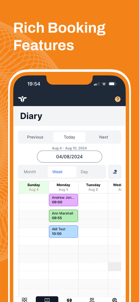 Professional clinic diary in Rehab Guru Pro app showing weekly patient appointments