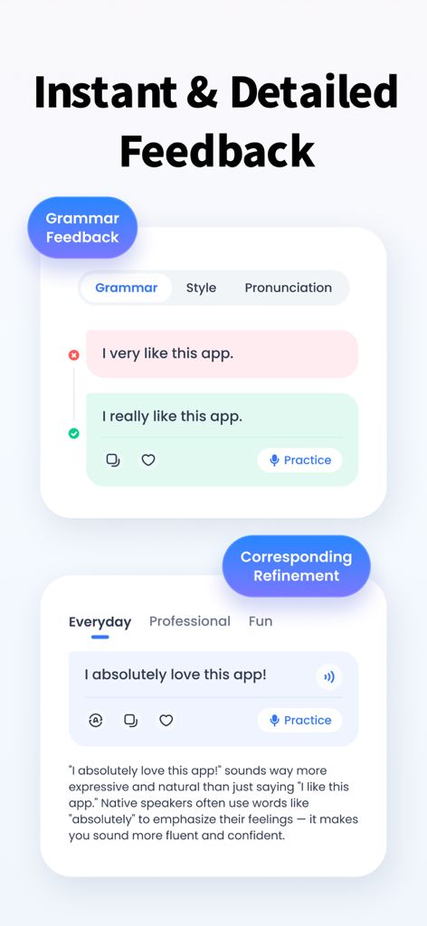 TalkMe App-Oberfläche, die sofortige Grammatikkorrekturen und stilistische Verfeinerungsvorschläge für natürliches Sprechen zeigt
