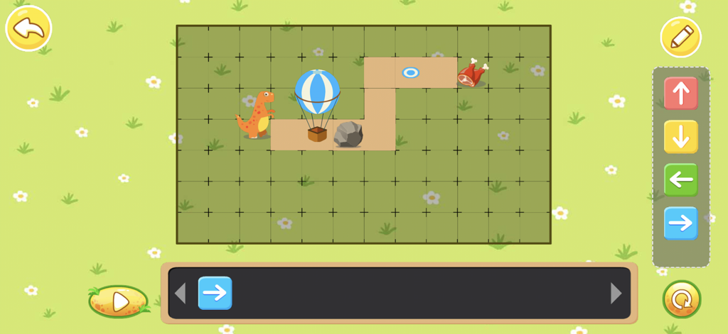 Dinosaur character in a grid-based coding puzzle with arrow blocks for kids