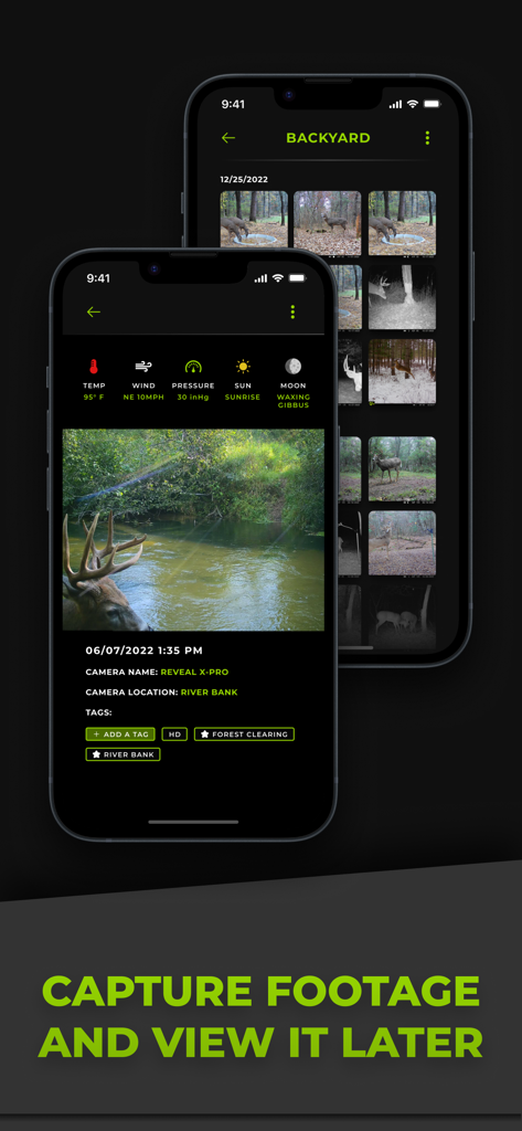 Interface of the Tactacam REVEAL app showing captured deer photos and environmental scouting data