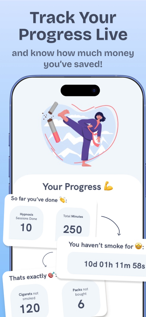 Quit: Hypnosis to Stop Smoking - Quit smoking app dashboard showing statistics for hypnosis sessions completed time smoke free and cigarettes saved