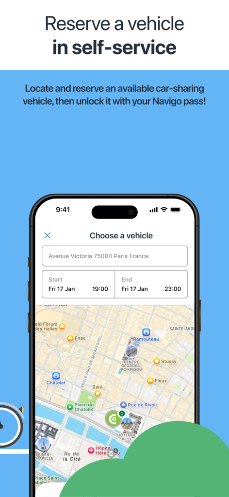 Smartphone screen showing the car-sharing reservation feature with a Paris map in the Ile-de-France Mobilites app