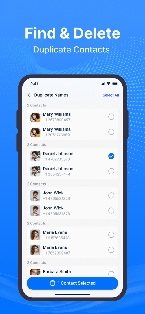 Swift Cleaner-Clean Up Storage - Mobile app interface for finding and deleting duplicate contacts