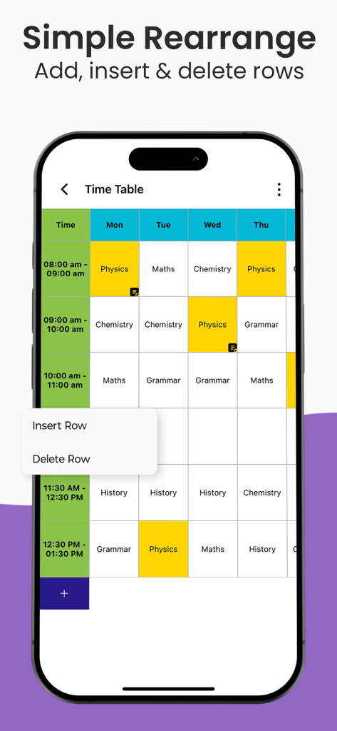 Uma captura de tela do aplicativo Criador de Horários e Agendas mostrando um horário de aulas semanal codificado por cores com um menu para inserir ou excluir linhas.