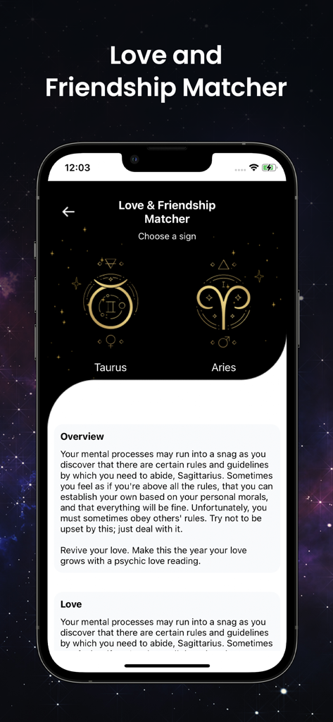 Tela do Combinador de Amor e Amizade mostrando um resumo da compatibilidade de Touro e Áries