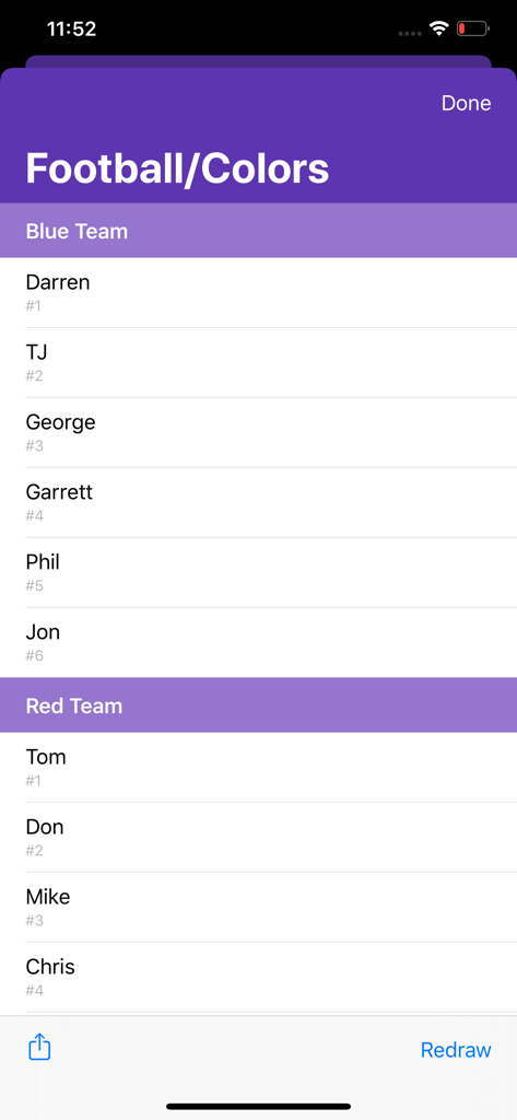 Names in a Hat app screen showing names randomly divided into Blue and Red teams for a football game.