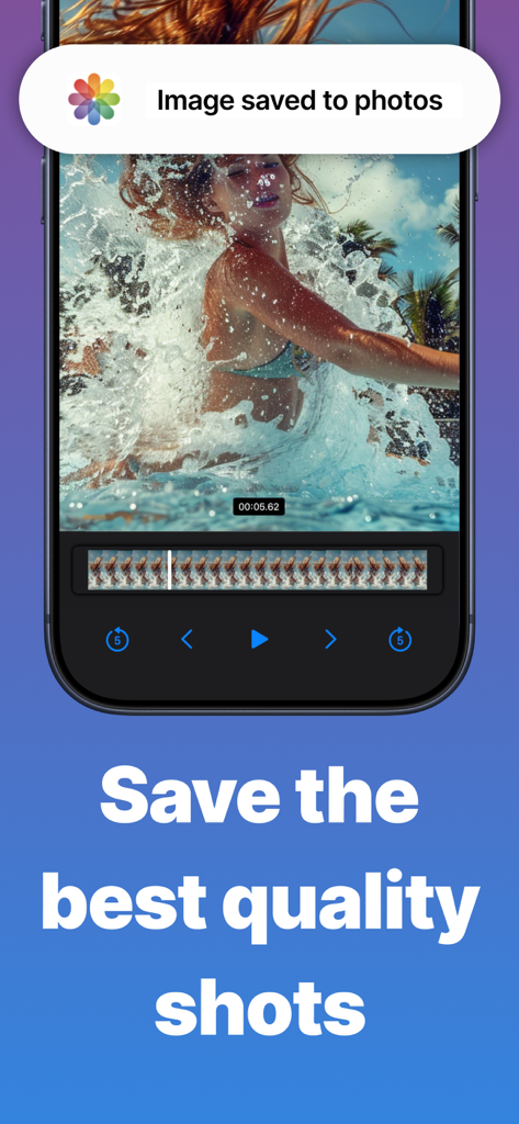 Grab HD Video Frames - VidGrab - VidGrab app interface displaying a high quality frame extracted from a video of a person splashing in water with a notification that the image was saved to photos