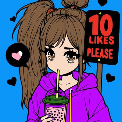 girl with a high ponytail and a hoodie drinking boba staring at a sign saying 10 likes please