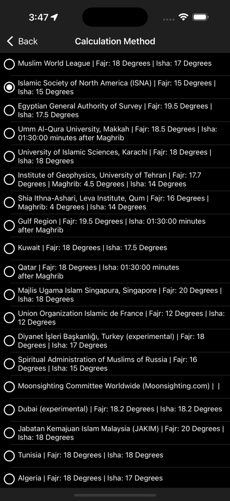 Ramadan Dashboard - Settings screen for choosing Islamic prayer time calculation methods like ISNA and Muslim World League.