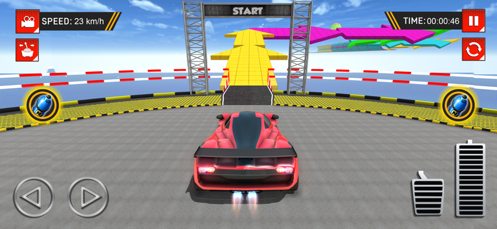 Drive Real Car Games - A red sports car at the start of a colorful elevated stunt track in Drive Real Car Games.