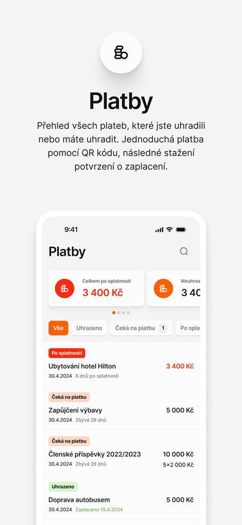 KIS - Mobile app screen showing a sports club payment management system with overdue and upcoming fees