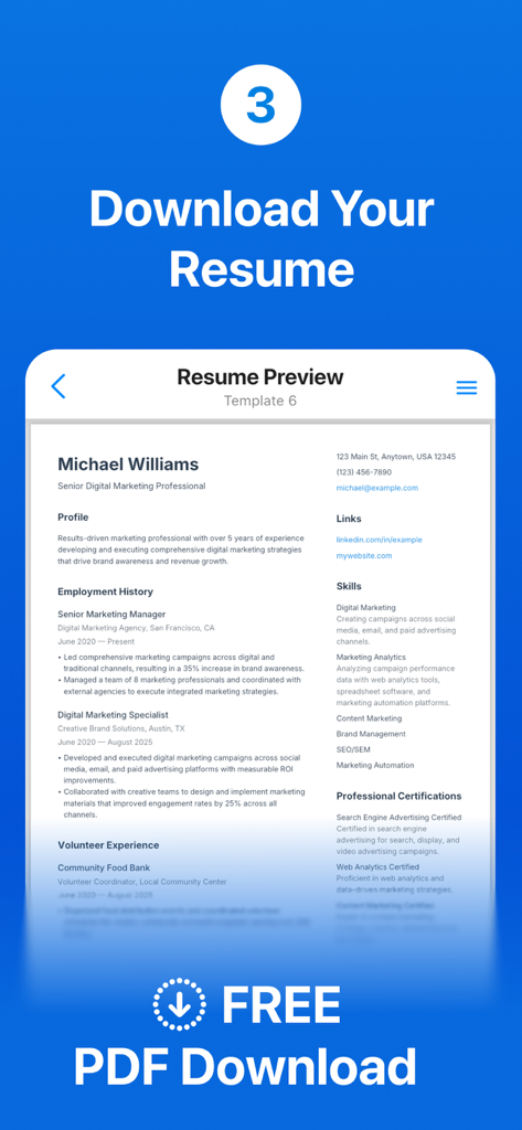 A mobile screen showing a professional resume preview with an option for a free PDF download.