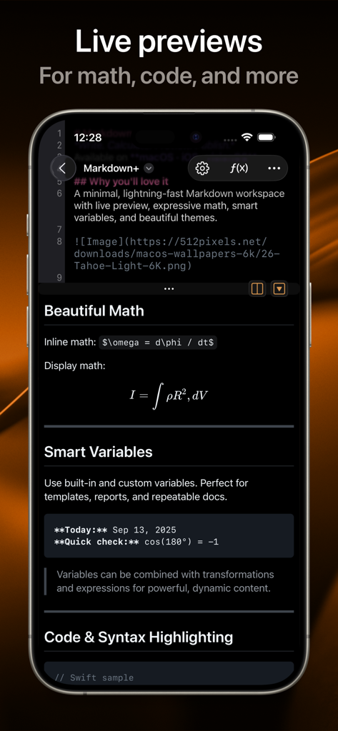 Markdown+ Text & Code Editor - Markdown plus app screenshot showing live previews of math formulas and code blocks