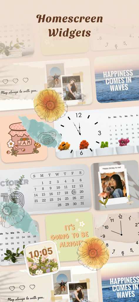 A variety of aesthetic homescreen widgets including clocks calendars and motivational quotes in soft pastel colors