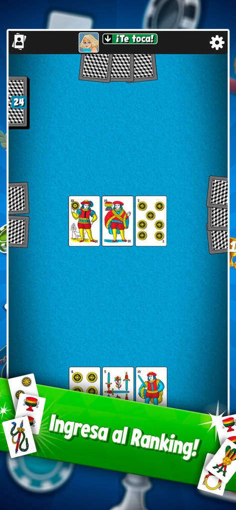 Escoba Más - Juegos de Cartas - Partida de Escoba Más que muestra las cartas tradicionales de la baraja española y un banner para unirse a la clasificación.