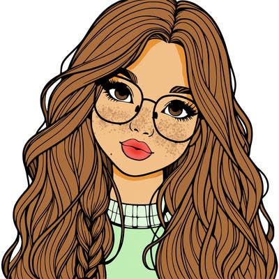girl with long hair and freckles and glasses realistic