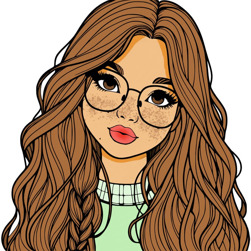 girl with long hair and freckles and glasses realistic