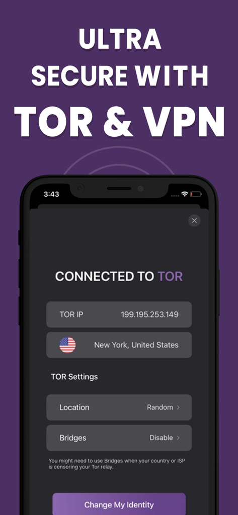 Phantom TOR Browser app showing a secure connection to the TOR network with a US IP address