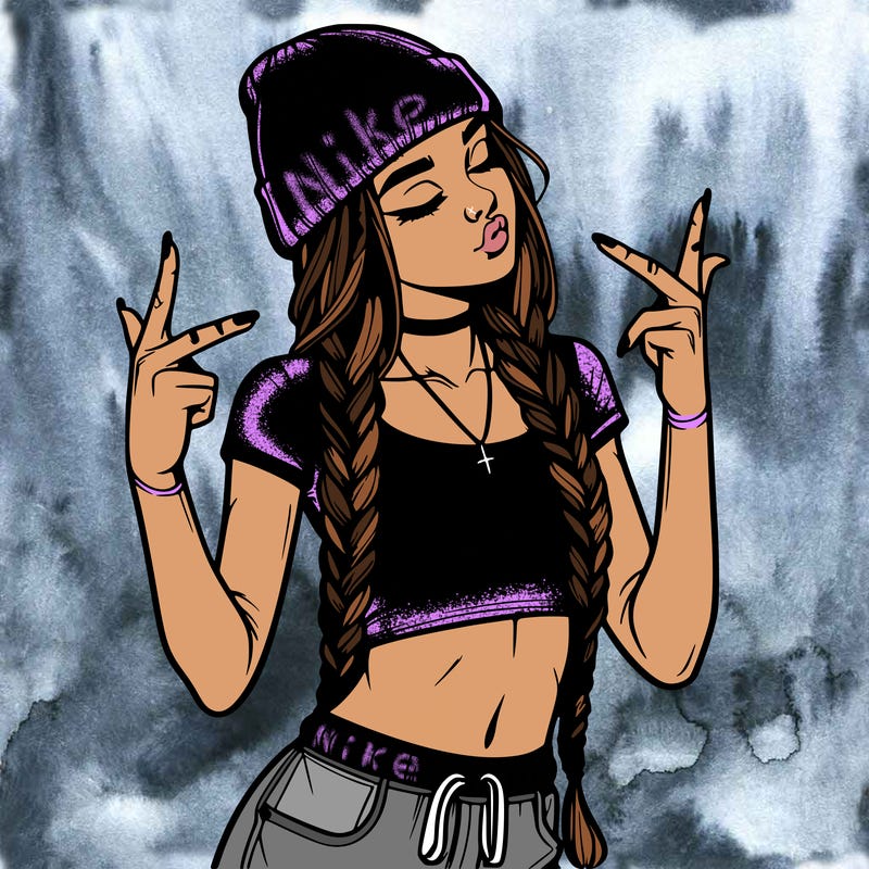realistic teenage girl with braids and a beanie and crop top doing 🫶🏼