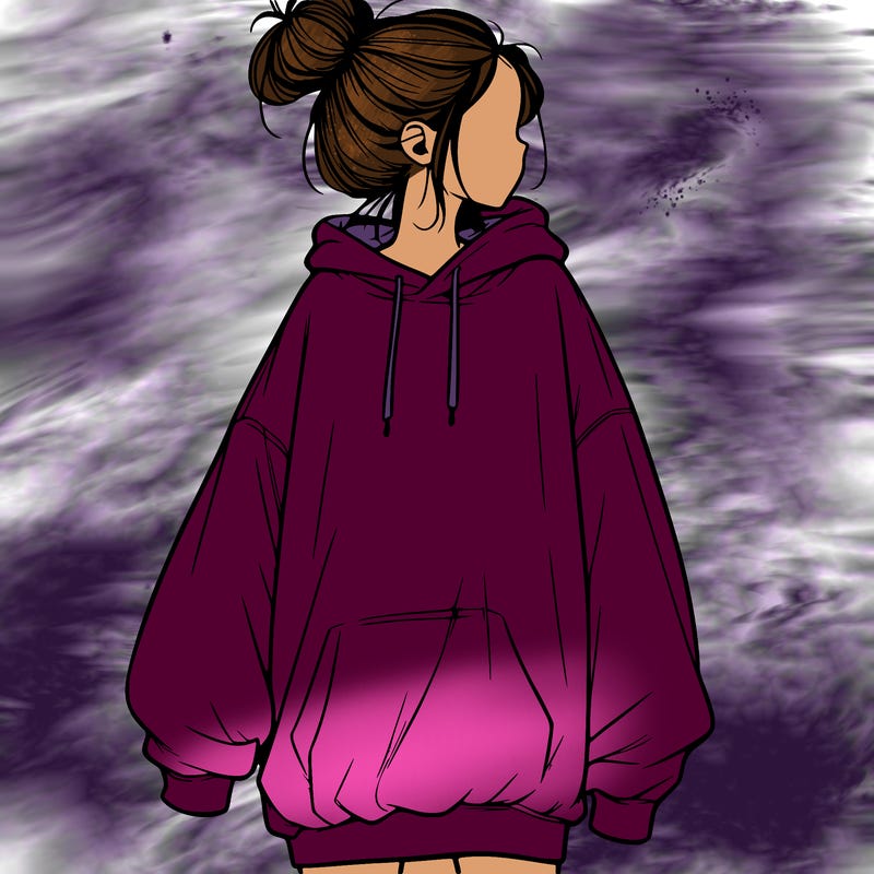 realistic girl with a oversized sweatshirt on and a bun