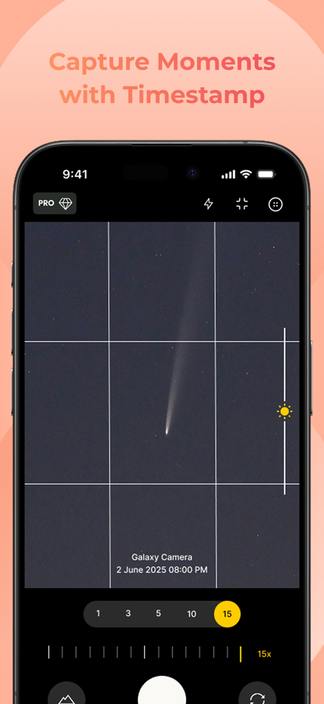 Ultra Zoom 100x Galaxy Camera - Interfaz de la aplicación Ultra Zoom 100x Galaxy Camera que muestra una foto con zoom de un cometa con marca de fecha y hora