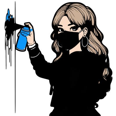 realistic girl with mask spray painting a wall