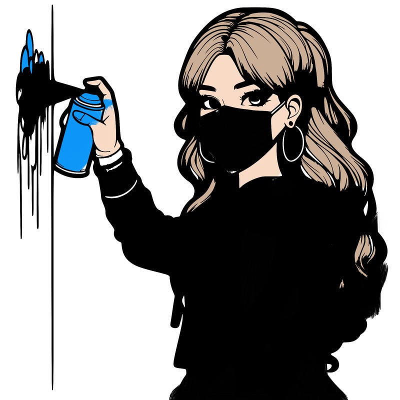 realistic girl with mask spray painting a wall