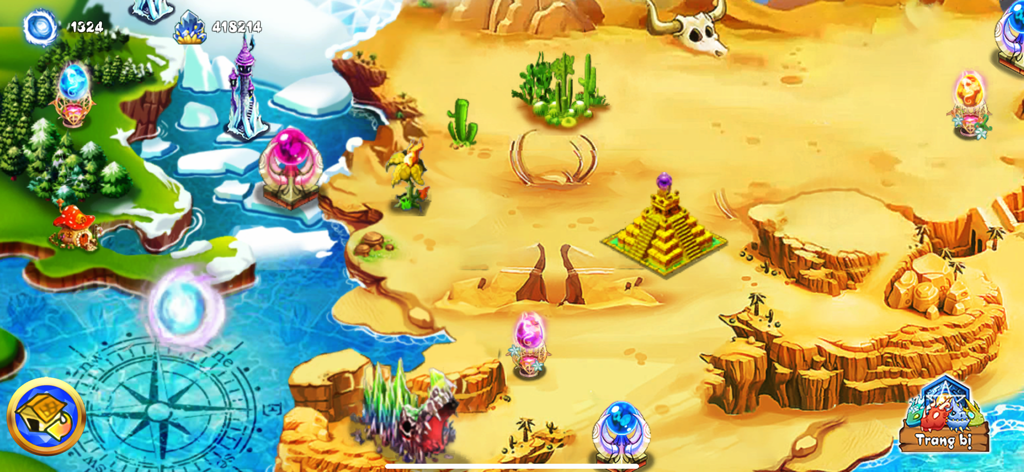 A top down view of the vibrant world map in Đảo Rồng Mobile featuring desert and snow biomes.
