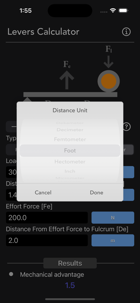 Levers Calculator - Levers Calculator app showing distance unit selection with imperial and metric options