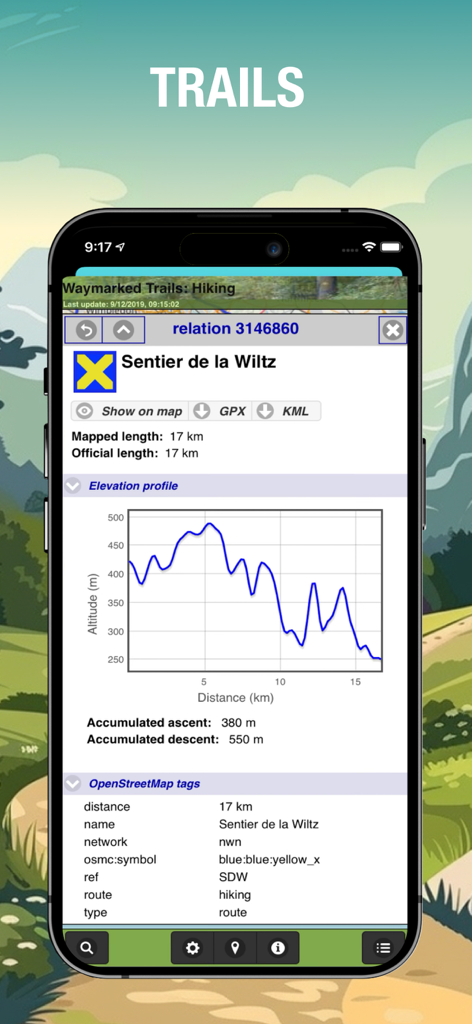 Gráfico de perfil de elevación y datos del sendero en la aplicación de senderismo Altímetro GPS