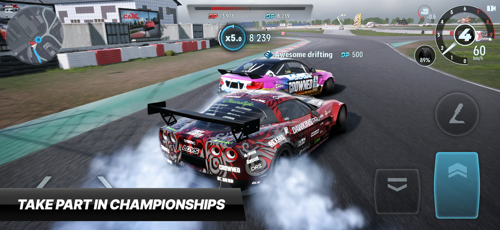 CarX Drift Racing 3 - Two customized sports cars performing a tandem drift on a professional race track