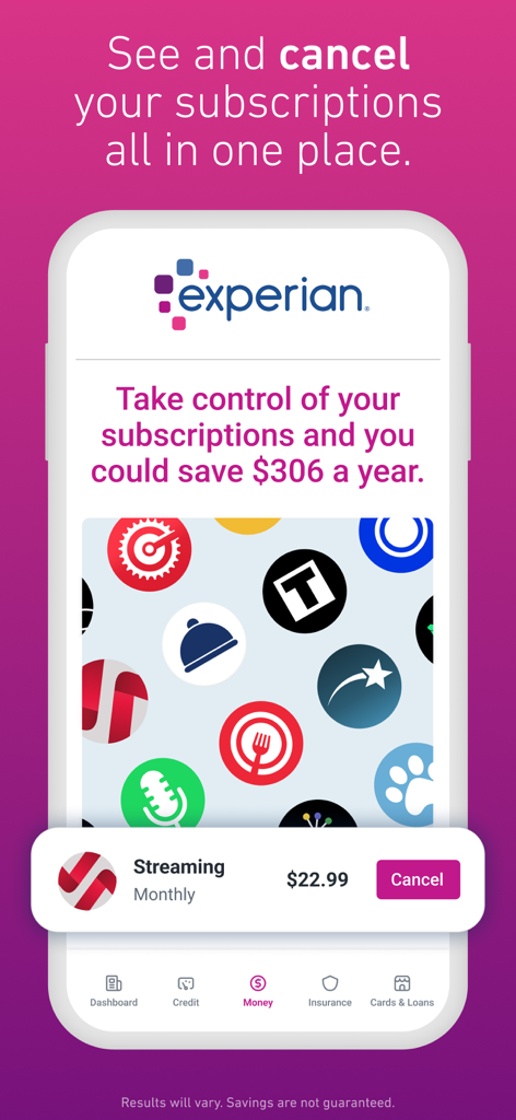Experian® - Experian app interface showing the subscription cancellation and money management feature