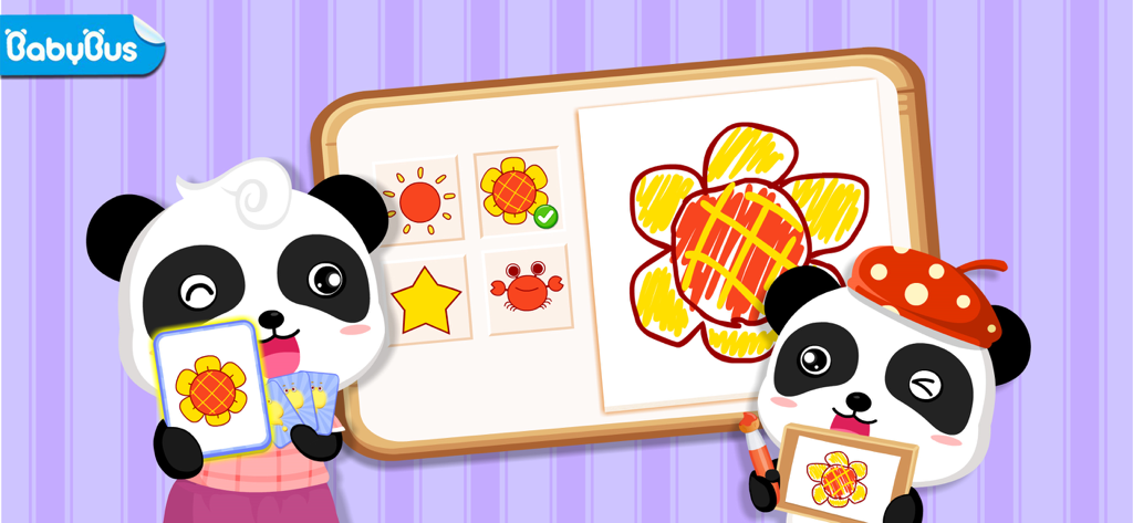 Pictionary-BabyBus - Two cute baby panda characters playing a drawing and guessing game with a colorful flower illustration on a digital board